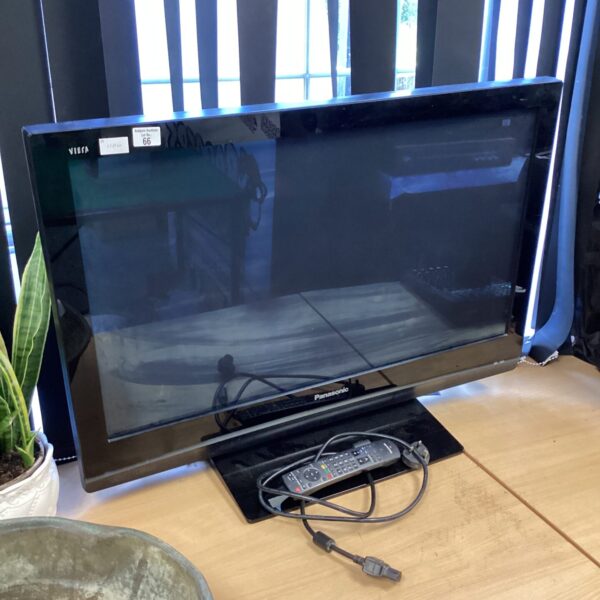 Black Panasonic Viera 37 inch television with remote control.