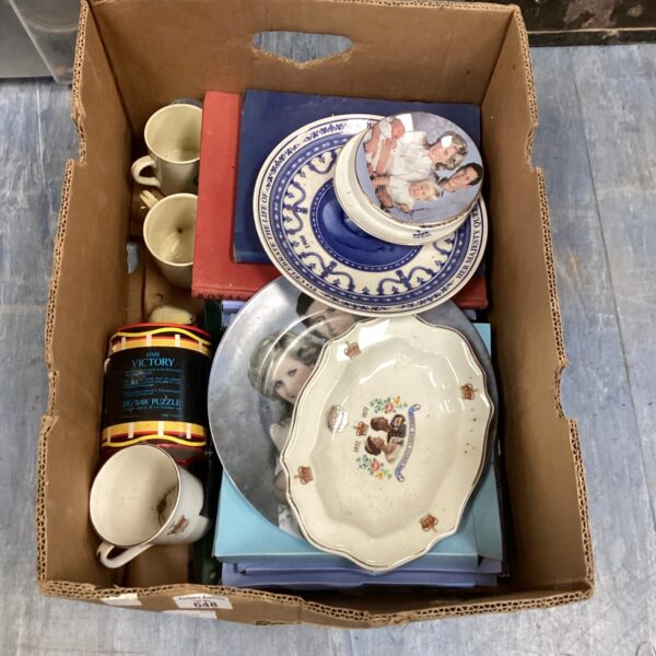 Vintage Royal Memorabilia lot with teacups and saucers.