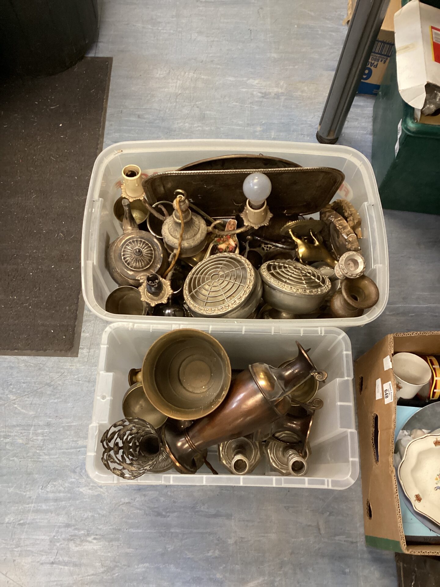 649 Two boxes of mixed copper & brass