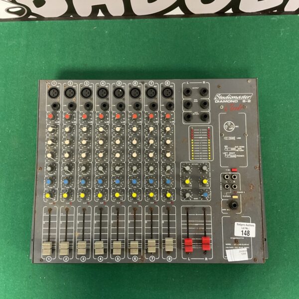 Front view of a vintage Studiomaster 8-2 audio mixer.