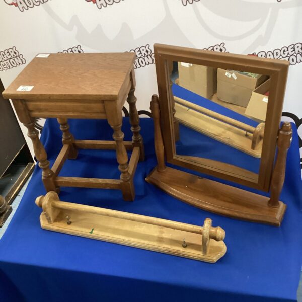 Vintage dressing table mirror with towel rail and side table.