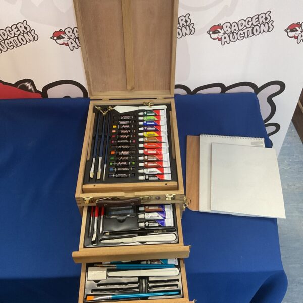 Vintage art painting kit with watercolour paints and portable easel.