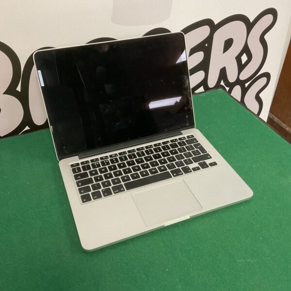 Silver Apple Macbook Pro A1502 laptop with open screen.