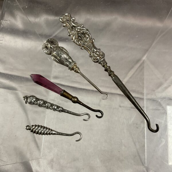Antique silver button hook lot, Victorian era sewing tool.