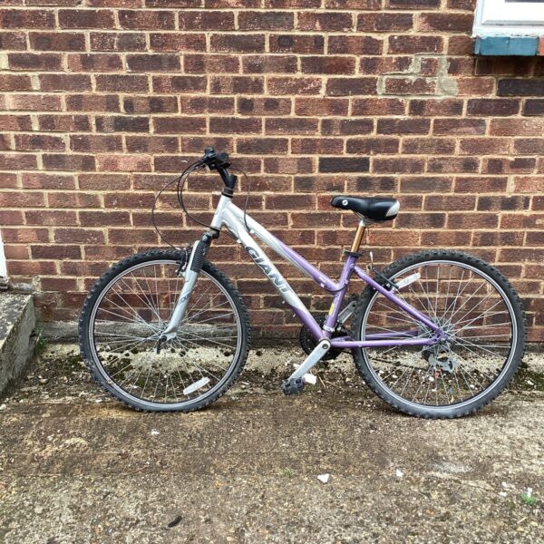 Purple and silver Giant Rock mountain bike for sale.
