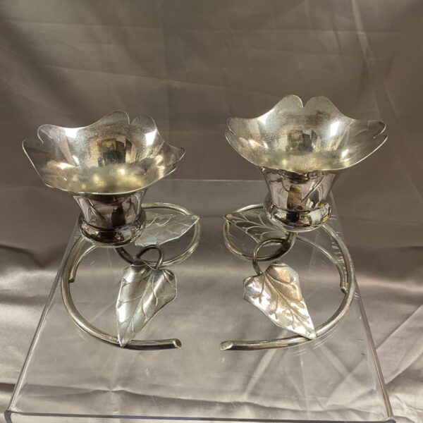 Pair of vintage whitemetal ivy leaf candle holders for table decor.