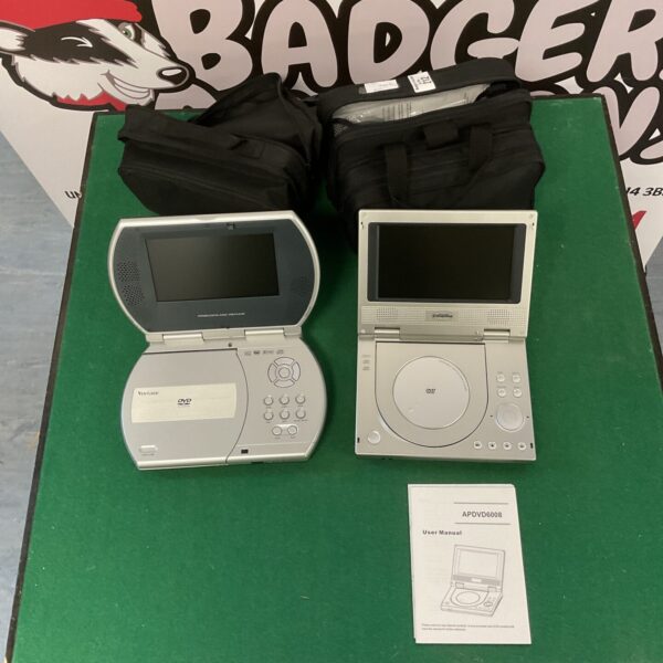 Two portable DVD players with carry bags for travel entertainment.