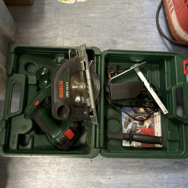 Bosch PKS 14.4V cordless circular saw in carry case.