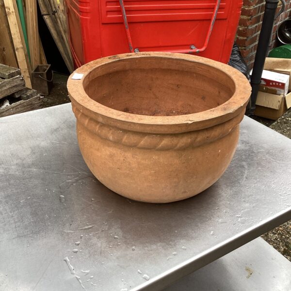 Large terracotta planter in a garden setting.