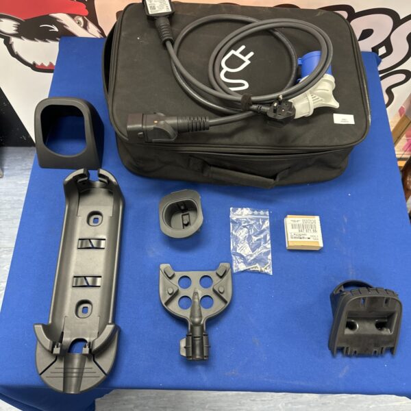 Porsche EV charge cable kit with black cable and case.