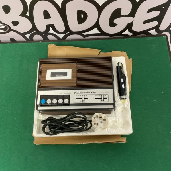 Vintage PrinzSound TRB portable cassette recorder, side view.