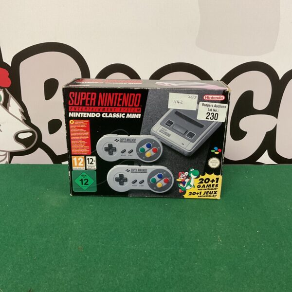 Front view of the Super Nintendo Entertainment System Classic Mini console.