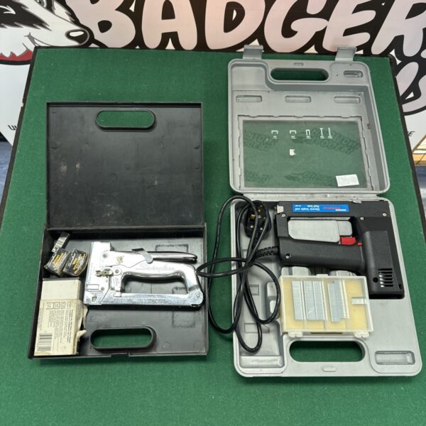 Vintage Woolworths electric stapler with Swingline stapler, retro office tool.