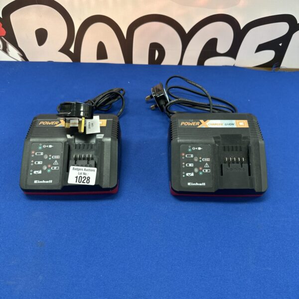 Pair of Einhell Power X chargers for cordless tools.