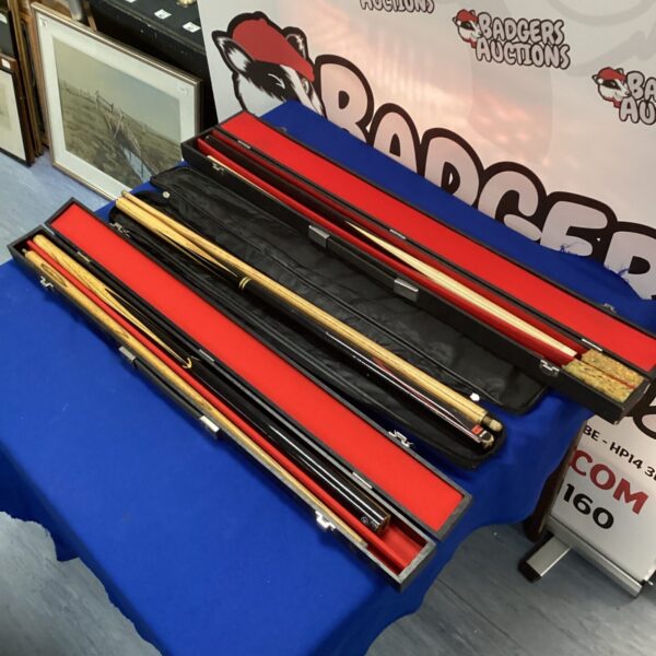 Lot of three snooker cues including Riley and BCE brands.