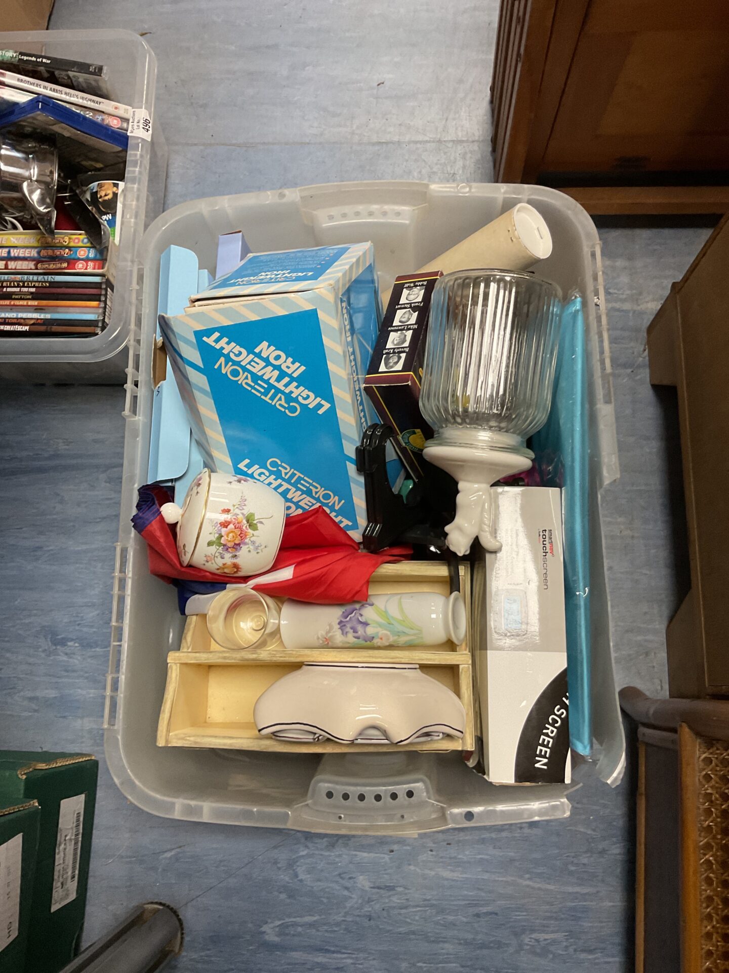 399 Box of mixed incl. touchscreen satnav, criterion lightweight iron, and crockery
