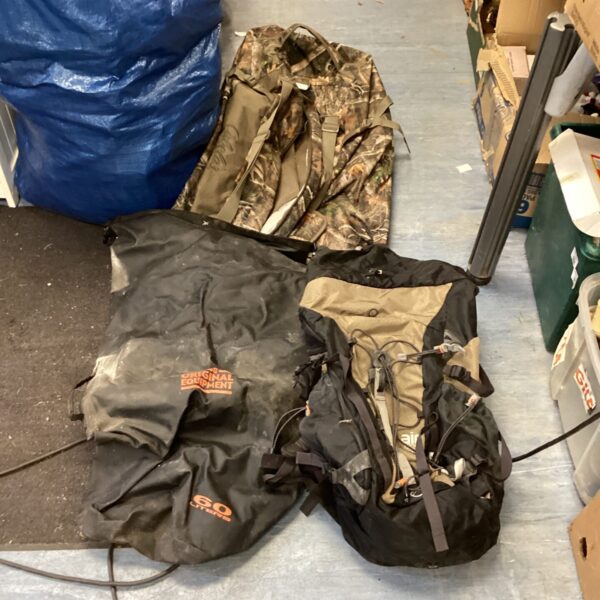 Vintage camouflage Rook Sacks lot with one framed sack.