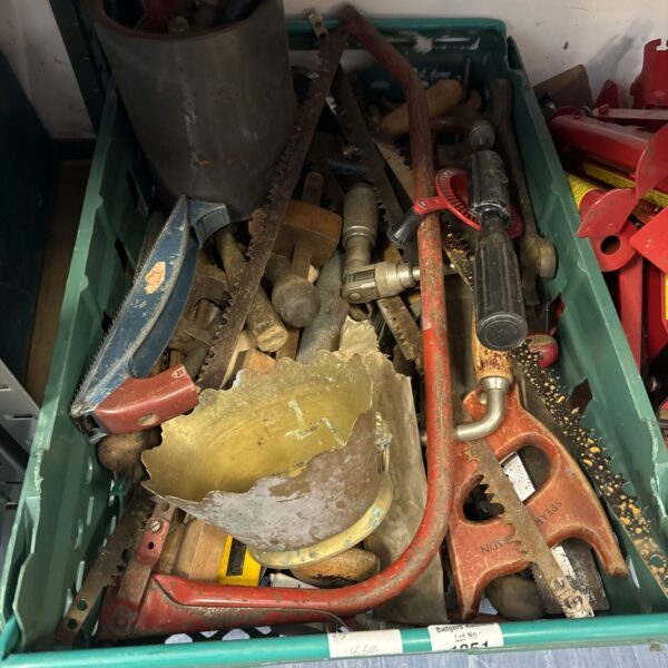 Vintage assorted hand tools in a tray, ideal for collectors.