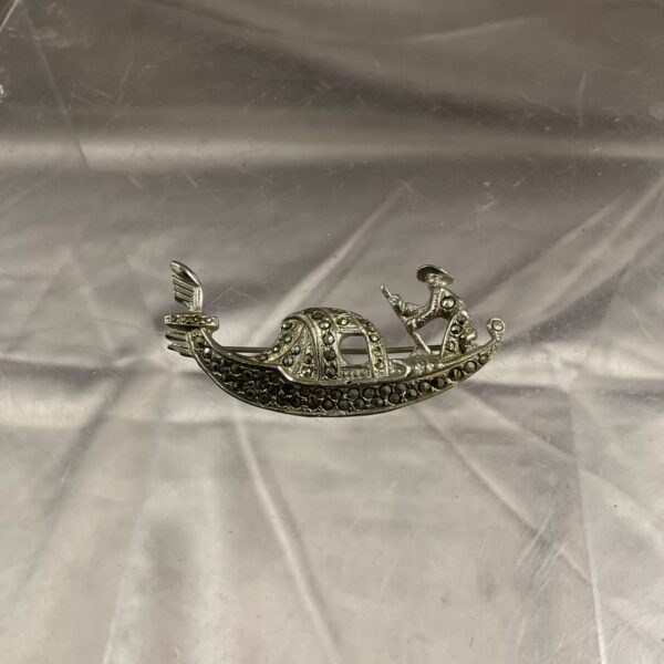 Vintage silver-tone marcasite gondola brooch, detailed Venetian design.