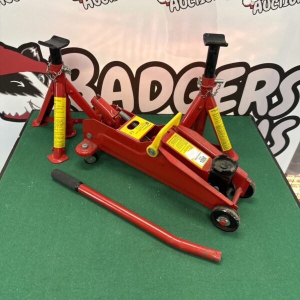 Woolworths two-tonne trolley jack and axle stands for car maintenance.