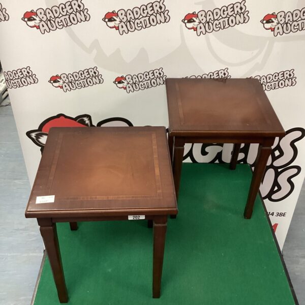 Vintage mahogany side tables with inlaid detailing for hall or bedroom.