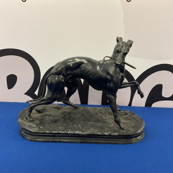 Antique spelter greyhound ornament, vintage dog sculpture for collectors.