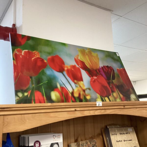 Large floral canvas print with vibrant colours and bold brushstrokes.