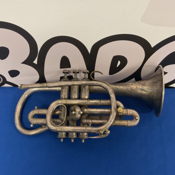 Vintage Hawkes & Son Clippertone silver plate trumpet.