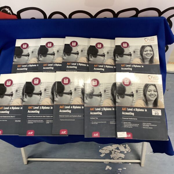 AAT Level 3 & 4 Diploma books from Home Learning College, accounting study materials.