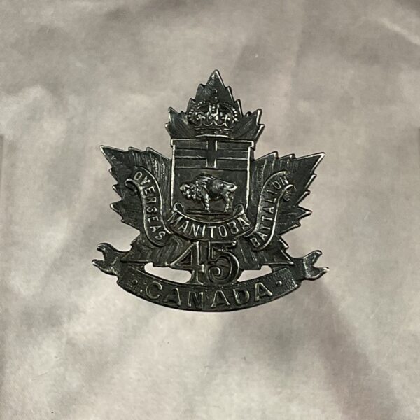 Vintage sterling silver 45th Battalion Manitoba badge, Canadian military insignia.
