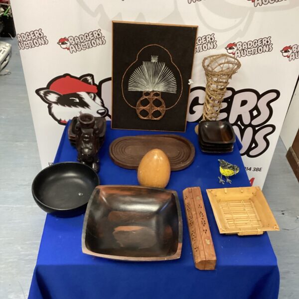 Vintage wooden lot with carved bowl and block.