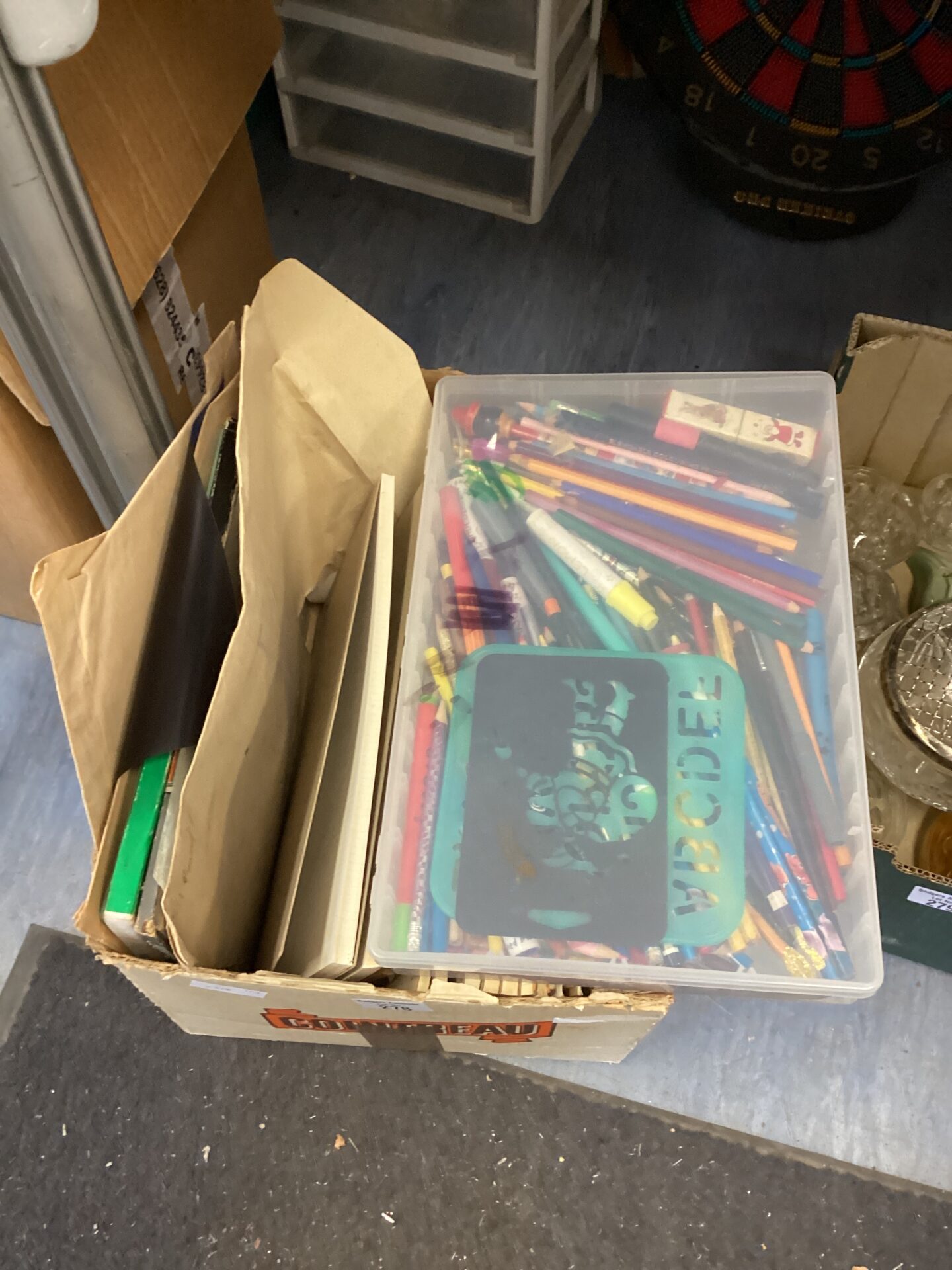 278 Box of vintage paper and crayons