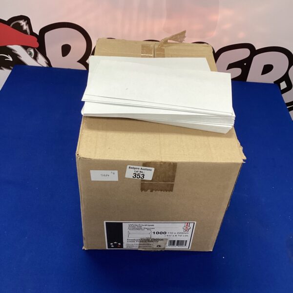 Box of standard envelopes for mailing and stationery use.