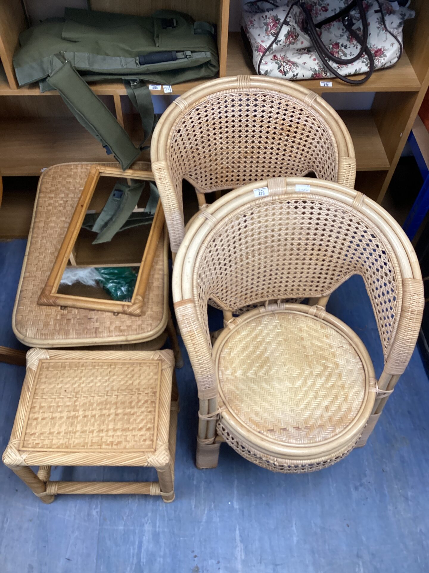 473 conservatory wicker funiture inc two chairs two tables & mirror