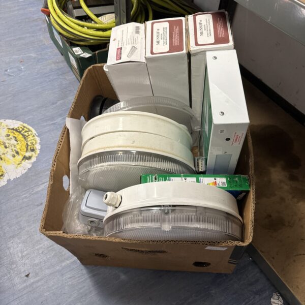 Box of assorted lighting fixtures and electrical fittings.