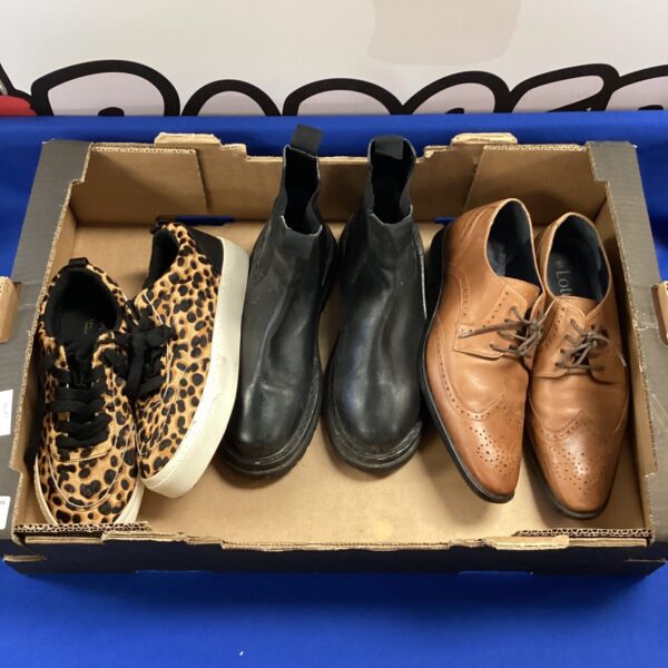 Mixed lot of shoes including leopard trainers, boots and brown leather shoes.