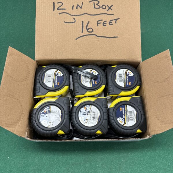New lot of twelve 16ft tape measures in original packaging.