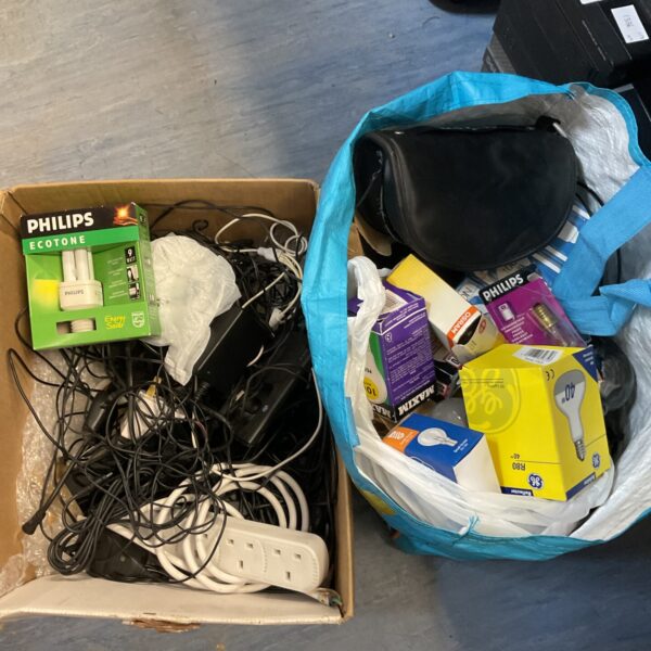 Mixed lot of electrical cables and Philips light bulbs for sale.