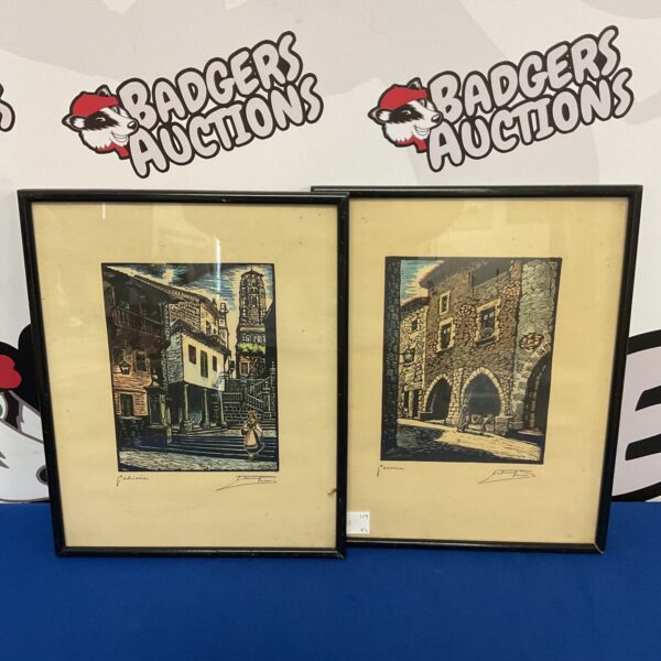 Vintage Spanish street scene woodblock print by Castells.