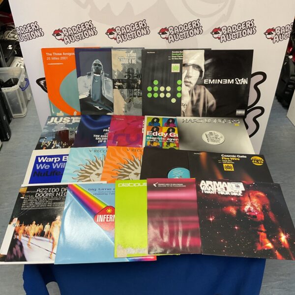 Lot of drum and bass vinyl records for DJs and collectors.