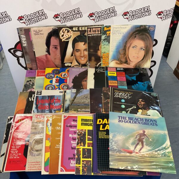 Vintage vinyl record collection featuring Beach Boys and Diana Ross albums.