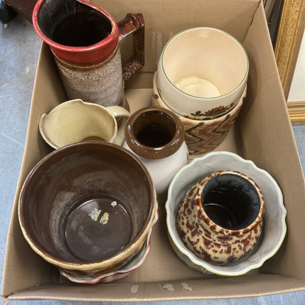 Vintage hand-painted pottery box lot with colourful designs.