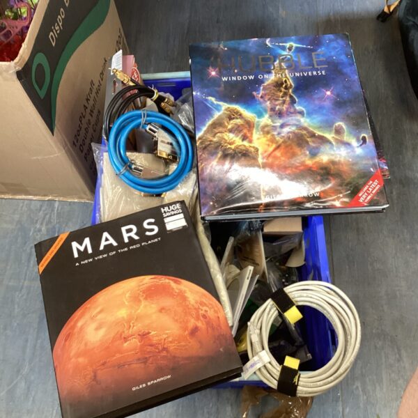 Mixed lot of space books and PC cables for collectors.