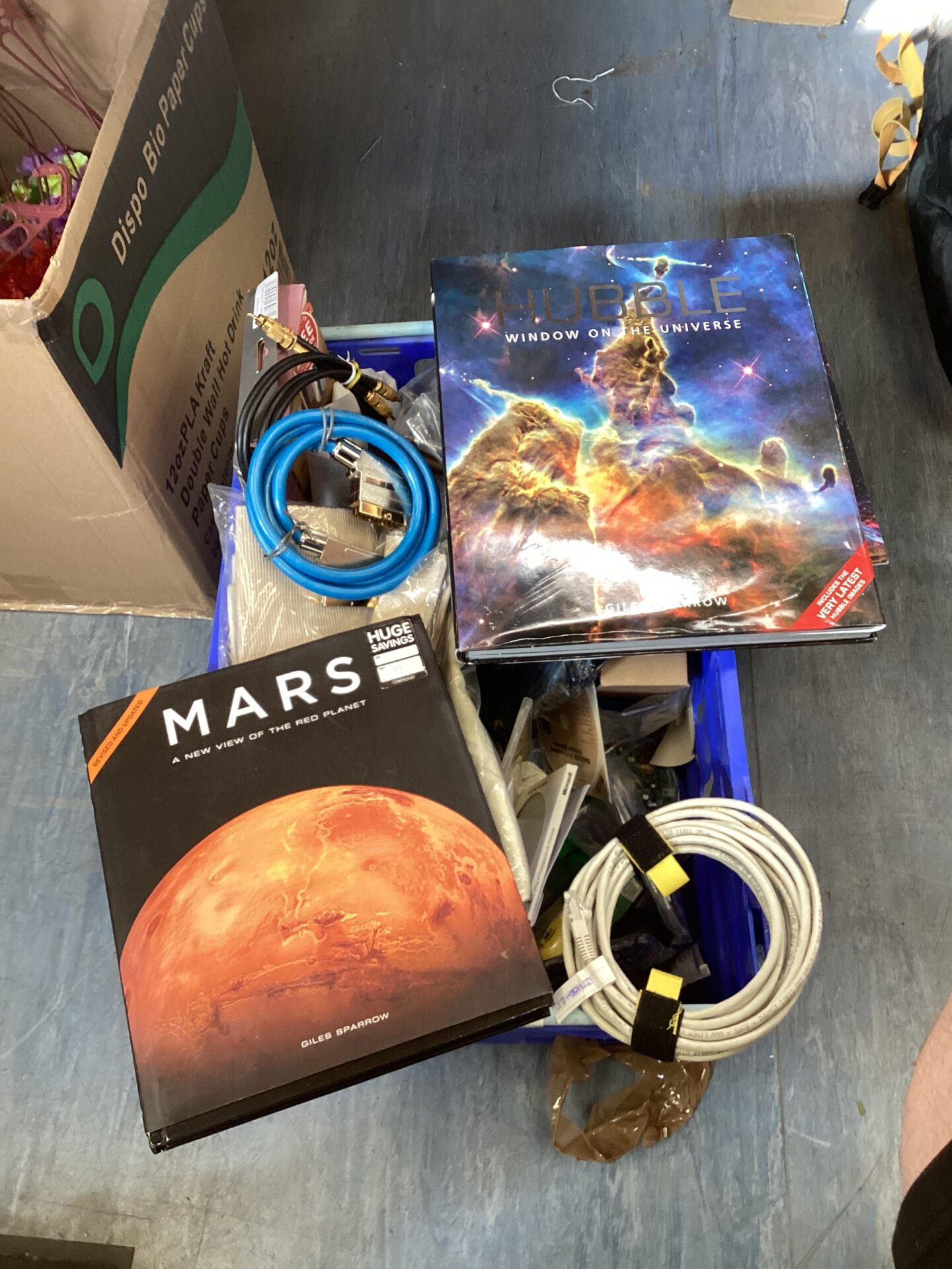 532 Crate of mixed house clearance inc coffee table books of mars & hubble with various PC cables, drivers & circuitry boards