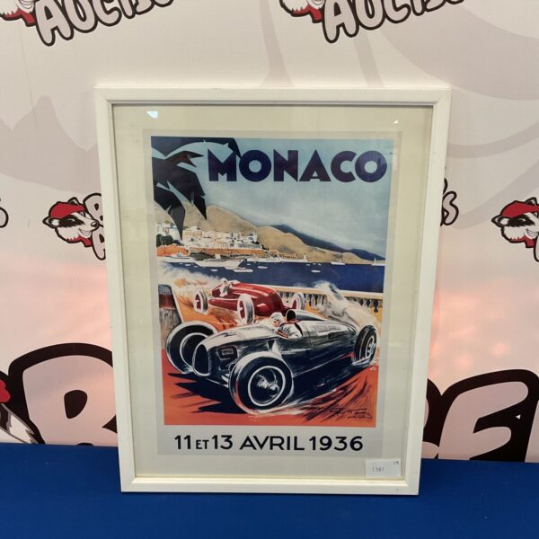 Framed vintage Monaco race car print, classic motorsport art.