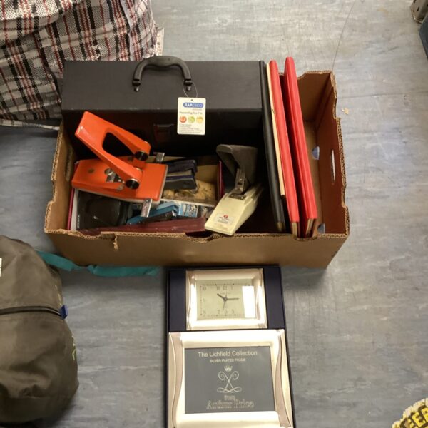 Mixed lot of vintage desktop office collectibles and silver plate items.