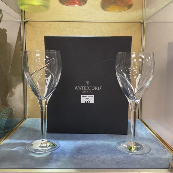 Boxed pair of Waterford crystal wine glasses, elegant glassware.
