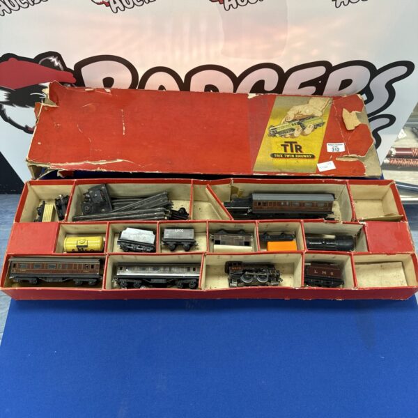 Vintage Trix Twin Railway set in original cardboard box, collectible tinplate train.