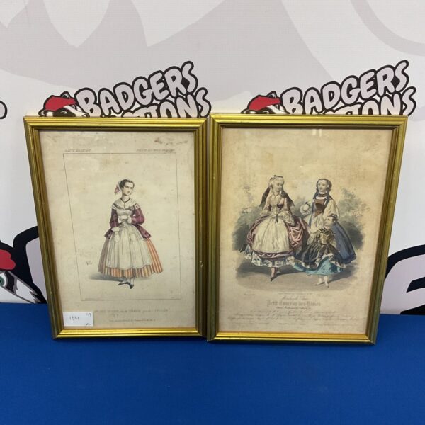 Pair of antique 19th-century French fashion prints depicting elegant figures.