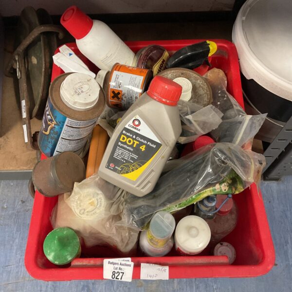 Mixed shed clearance lot with tools and automotive fluids.